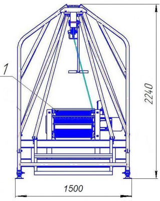 Вид сбоку, показаны два габаритных размера. Поз.1 на рисунке - электрическая лебедка