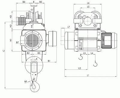 Схема талей серии МТ в исполнении на 1 тележке, полиспаст 2/1